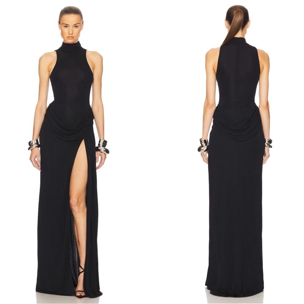 HELSA Ophelia Highneck Sleeveless Ruched Draped Bodycon Black Maxi Dress Size M